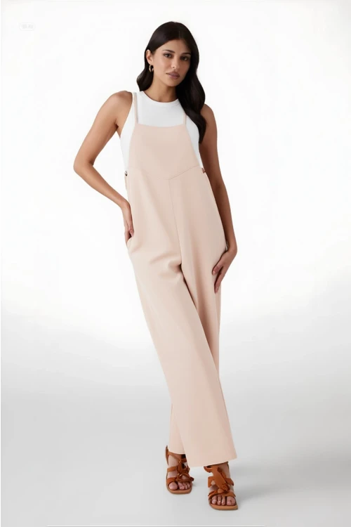 Kadın Krem Ayarlanabilir Askılı Cepli Bol Paça Bahçıvan Tulum HZL22S-BD170191