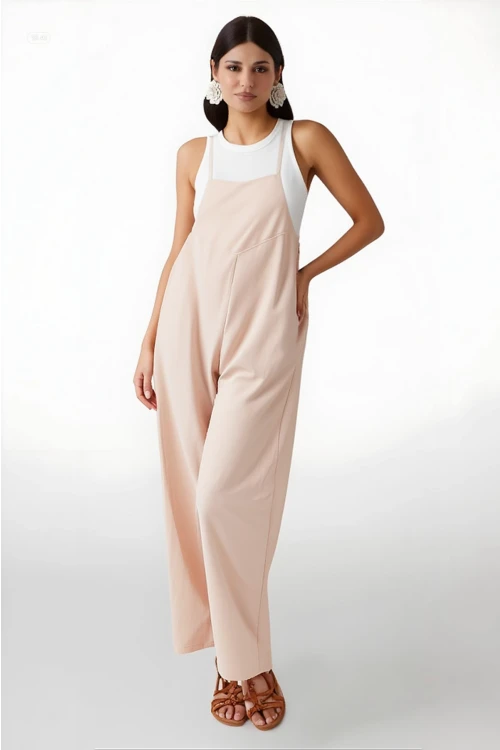 Kadın Krem Ayarlanabilir Askılı Cepli Bol Paça Bahçıvan Tulum HZL22S-BD170191