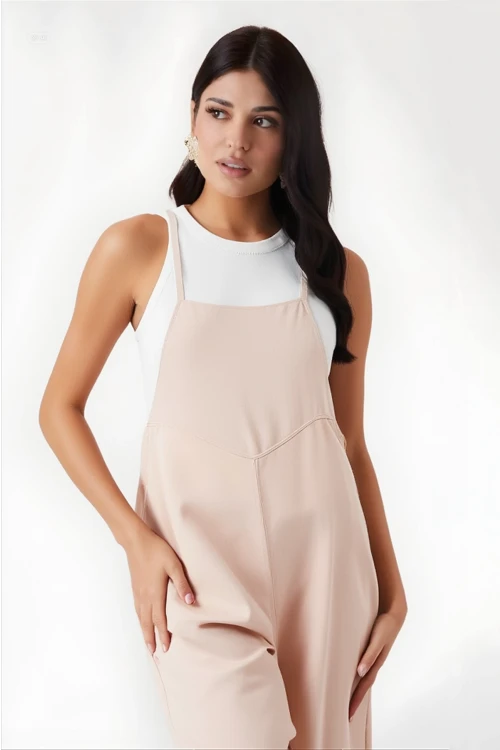 Kadın Krem Ayarlanabilir Askılı Cepli Bol Paça Bahçıvan Tulum HZL22S-BD170191