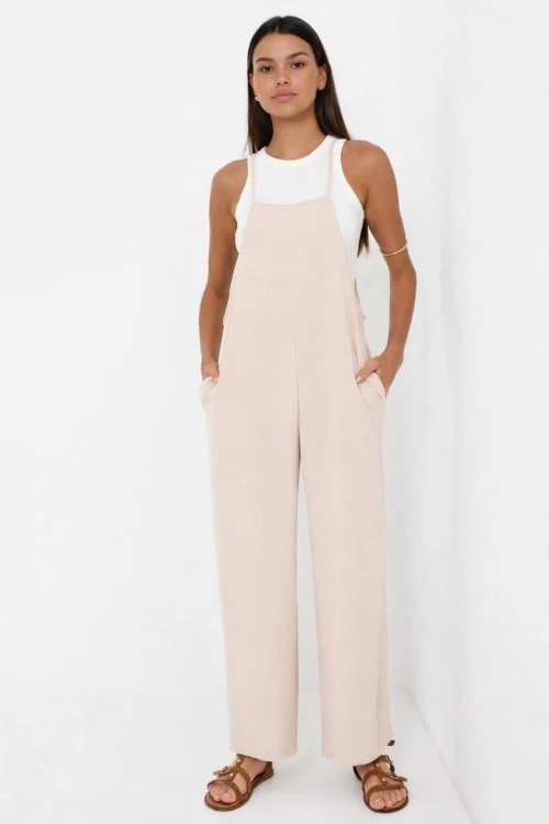 Kadın Krem Ayarlanabilir Askılı Cepli Bol Paça Bahçıvan Tulum HZL22S-BD170191