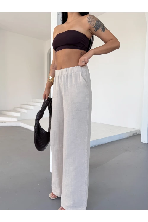 Kadın Krem Beli Lastikli Müslin Kumaş Bol Paça Pantolon HZL25S-DSB12221