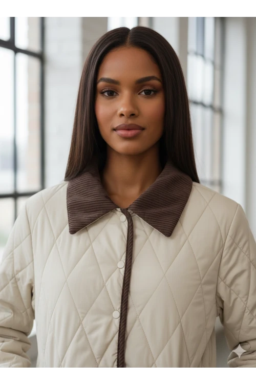 Kadın Krem Çıt Çıt Kapamalı Kadife Detaylı Kapitone Mont HZL25W-BD152261