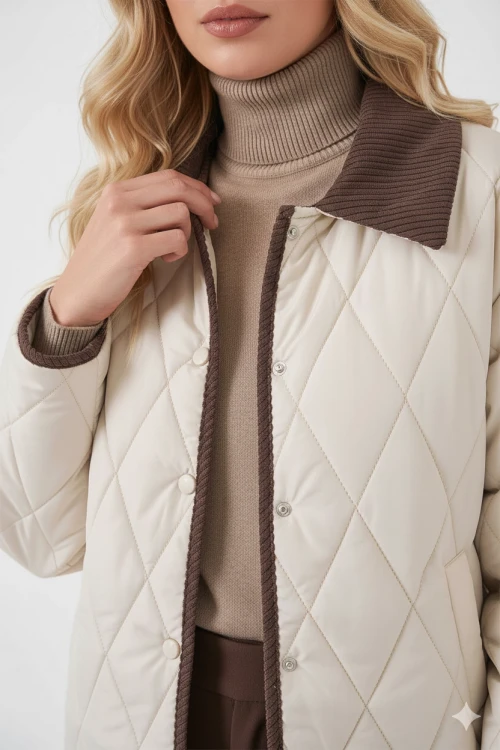 Kadın Krem Çıt Çıt Kapamalı Kadife Detaylı Kapitone Mont HZL25W-BD152261