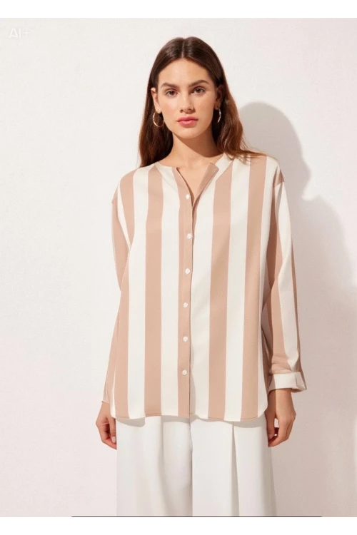 Kadın Bej Krem Çizgili Saten Gömlek HZL23S-BD1201731