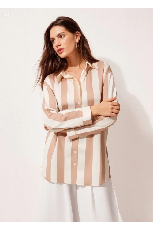 Kadın Bej Krem Çizgili Saten Gömlek HZL23S-BD1201731