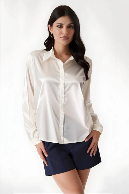 Kadın Krem Hafif Dökümlü Saten Yüzeyli Gömlek Hzl22w-bd139641