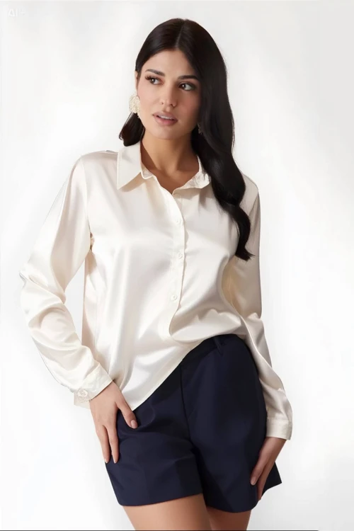 Kadın Krem Hafif Dökümlü Saten Yüzeyli Gömlek Hzl22w-bd139641