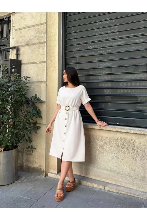 Kadın Krem Kemerli Düğmeli Yazlık Keten Viskon Elbise HZL23S-BD123891