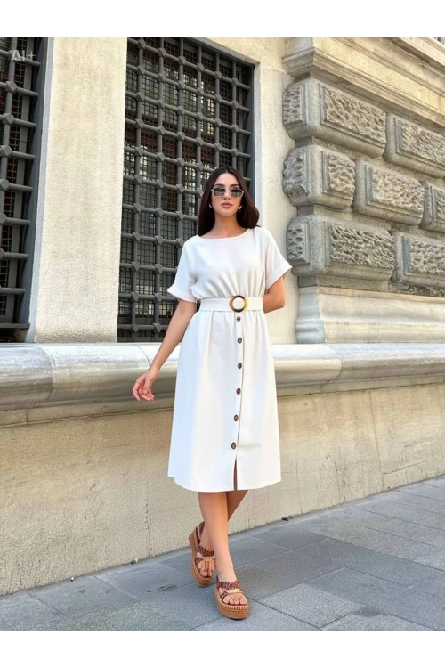 Kadın Krem Kemerli Düğmeli Yazlık Keten Viskon Elbise HZL23S-BD123891