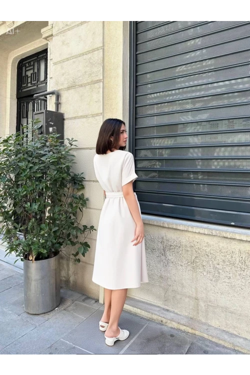 Kadın Krem Kemerli Düğmeli Yazlık Keten Viskon Elbise HZL23S-BD123891