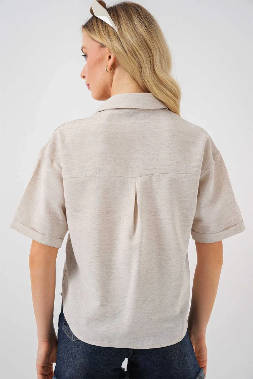 Kadın Krem Keten Görünümlü Crop Gömlek HZL25S-BD1203391