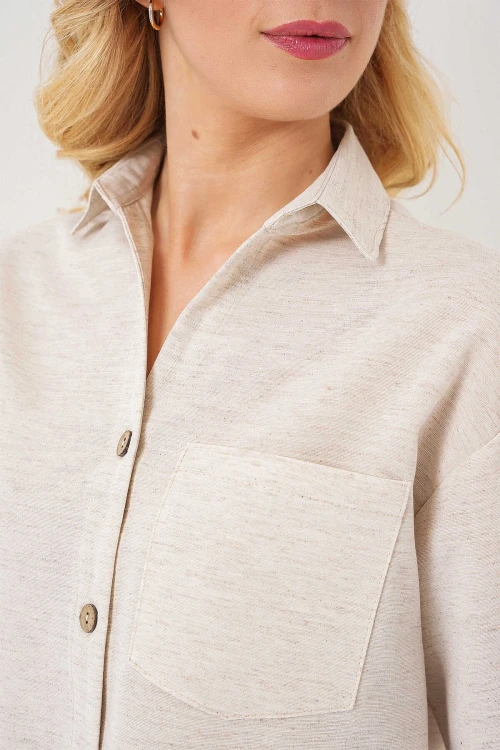 Kadın Krem Keten Görünümlü Crop Gömlek HZL25S-BD1203391