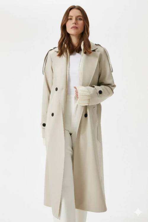 Kadın Krem Kruvaze Yaka Astarlı Kemerli Mevsimlik Trençkot HZL25W-BD159411