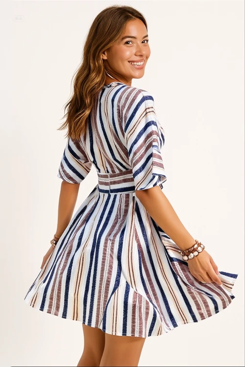 Kadın Krem Lacivert İthal Keten Baskılı V Yaka Astarsız Elbise HZL24S-FRY121021