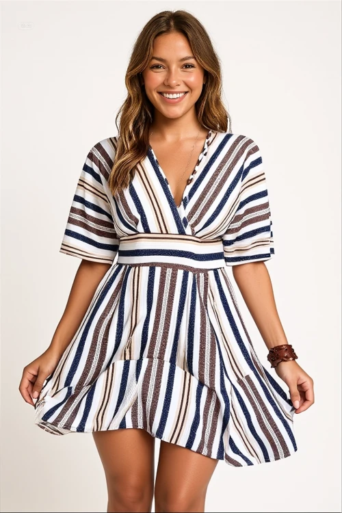 Kadın Krem Lacivert İthal Keten Baskılı V Yaka Astarsız Elbise HZL24S-FRY121021