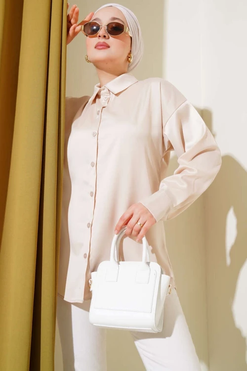 Kadın Krem Saten Yüzeyli Tesettür Gömlek HZL25W-BD139641