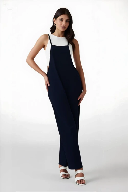 Kadın Lacivert Ayarlanabilir Askılı Cepli Bol Paça Bahçıvan Tulum HZL22S-BD170191