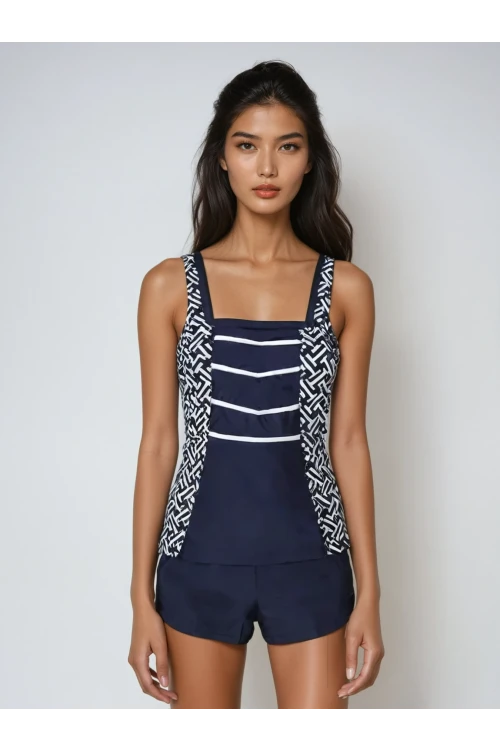 Kadın Lacivert Beyaz Desenli Şortlu Tankini HZL25S-AR1801