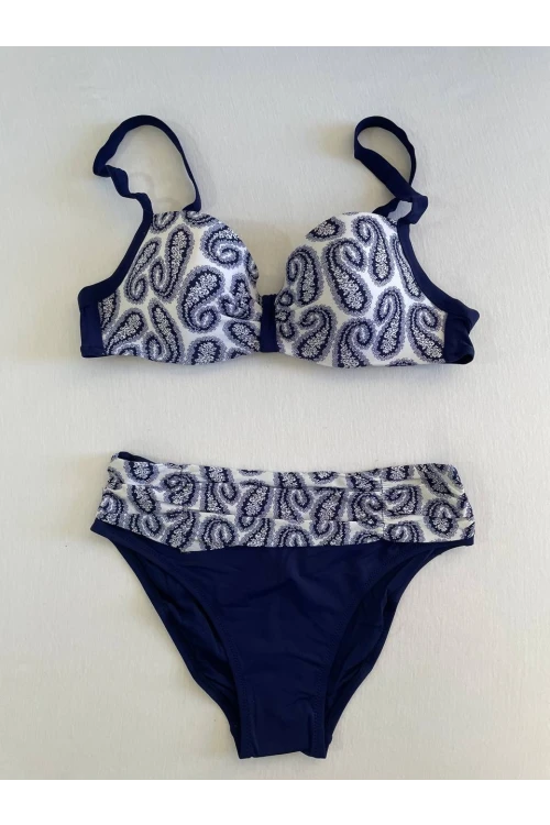 Kadın Lacivert Beyaz Etnik Desen Bikini Takımı HZL25S-LC213