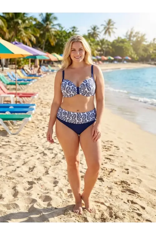 Kadın Lacivert Beyaz Etnik Desen Büyük Beden Bikini Takımı HZL25S-LC213