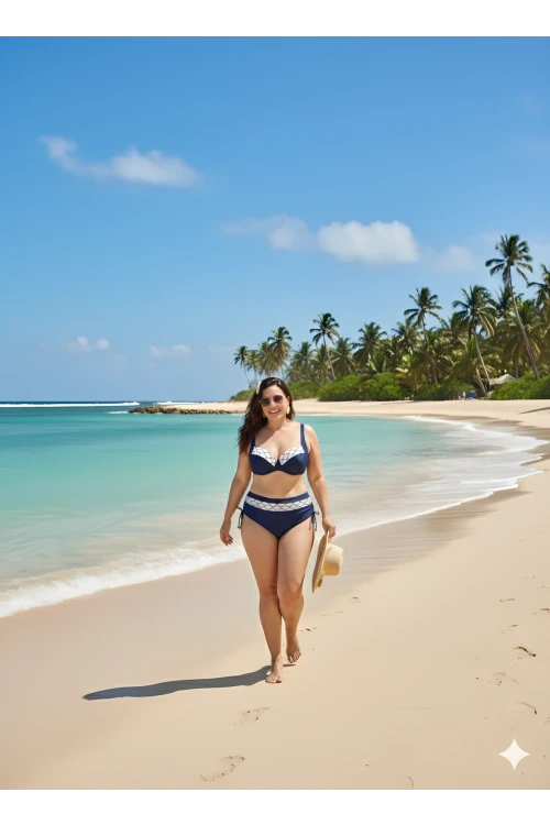 Kadın Lacivert Beyaz Etnik Desenli Büyük Beden Bikini Takım HZL25S-LC2220