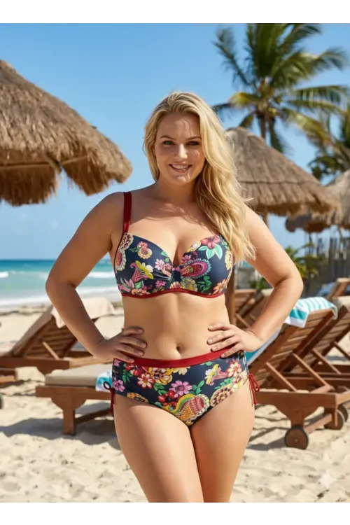 Kadın Lacivert Bordo Çiçek Desenli Yüksek Bel Toparlayıcı Büyük Beden Bikini Takım HZL24S-LC3321