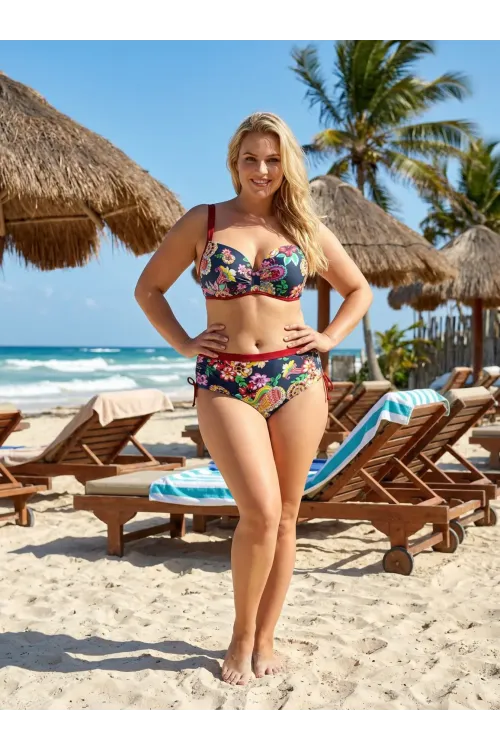 Kadın Lacivert Bordo Çiçek Desenli Yüksek Bel Toparlayıcı Büyük Beden Bikini Takım HZL24S-LC3321