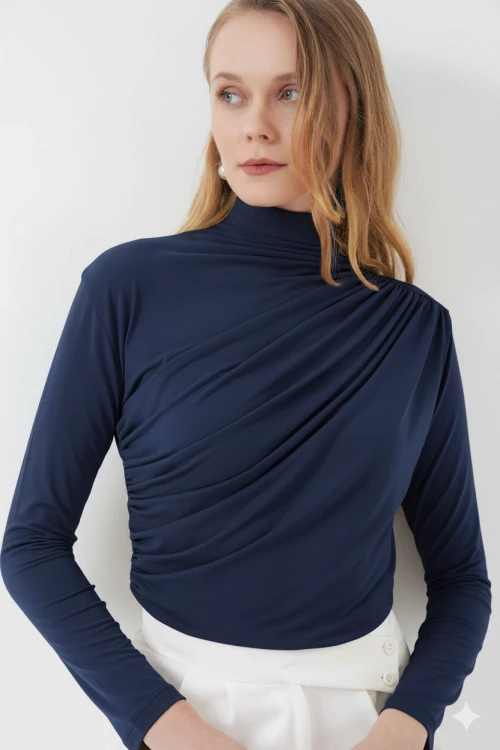 Kadın Lacivert Büzgü Detay Balıkçı Yaka Sandy Bluz HZL25W-BD19251