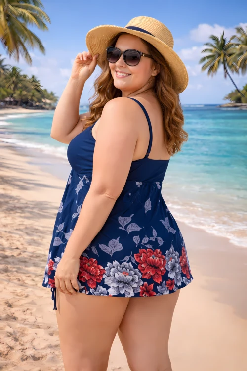 Kadın Lacivert Çiçek Desenli Elbise Model Büyük Beden Slipli Tankini HZL24S-LC4009