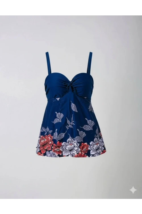 Kadın Lacivert Çiçek Desenli Elbise Model Büyük Beden Slipli Tankini HZL24S-LC4009