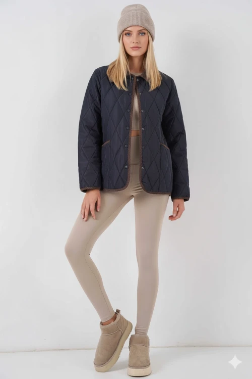 Kadın Lacivert Çıt Çıt Kapamalı Kadife Detaylı Kapitone Mont HZL25W-BD152261