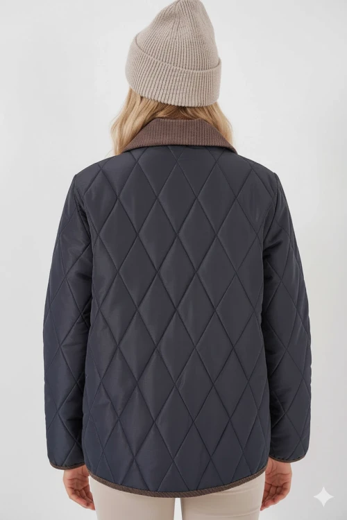 Kadın Lacivert Çıt Çıt Kapamalı Kadife Detaylı Kapitone Mont HZL25W-BD152261