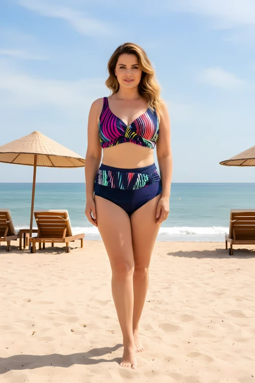 Kadın Lacivert Çok Renkli Büyük Beden Astarlı Bikini Takım HZL25S-LC21202