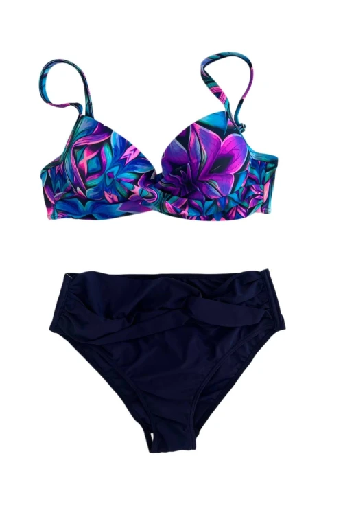 Kadın Lacivert Fuşya Çiçek Desenli Astarlı Büyük Beden Bikini Takımı HZL25S-LC24108