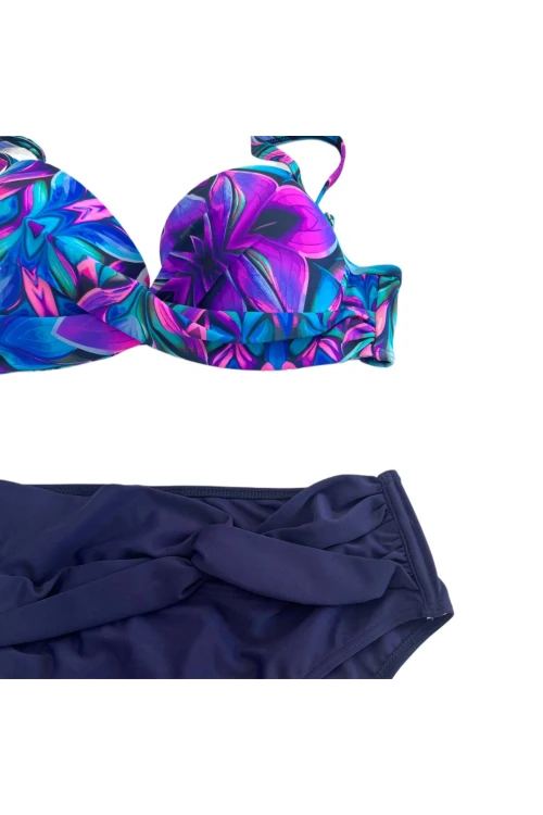 Kadın Lacivert Fuşya Çiçek Desenli Astarlı Büyük Beden Bikini Takımı HZL25S-LC24108