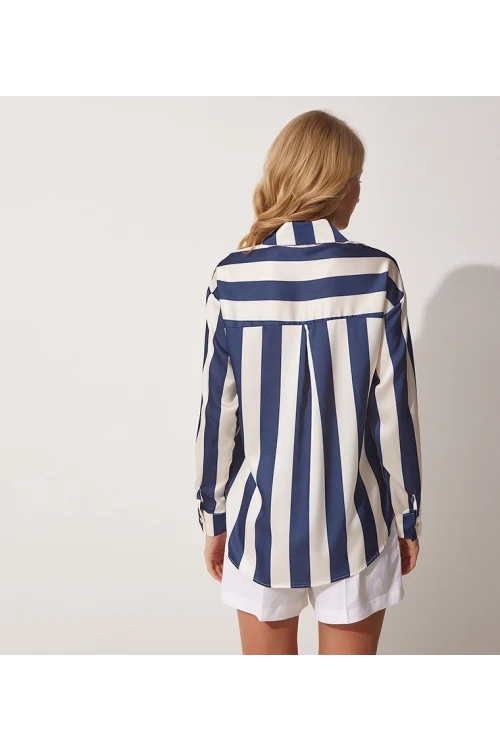 Kadın Lacivert Krem Çizgili Saten Gömlek HZL23S-BD1201731