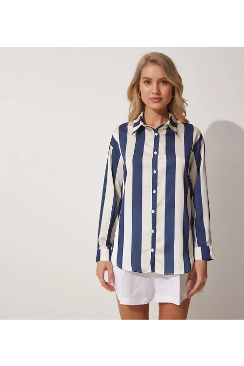Kadın Lacivert Krem Çizgili Saten Gömlek HZL23S-BD1201731