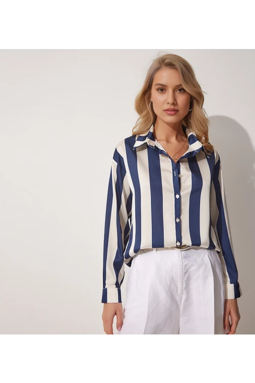 Kadın Lacivert Krem Çizgili Saten Gömlek HZL23S-BD1201731
