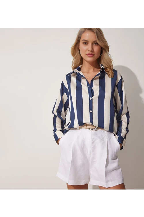 Kadın Lacivert Krem Çizgili Saten Gömlek HZL23S-BD1201731