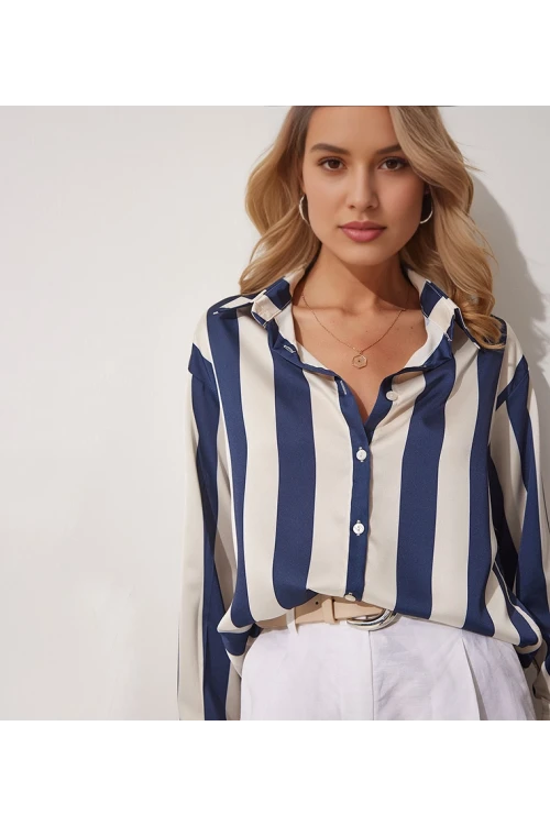 Kadın Lacivert Krem Çizgili Saten Gömlek HZL23S-BD1201731