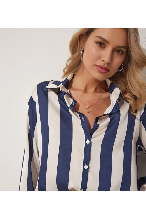 Kadın Lacivert Krem Çizgili Saten Gömlek HZL23S-BD1201731