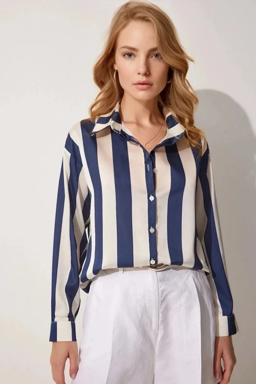 Kadın Lacivert Krem Çizgili Saten Gömlek HZL23S-BD1201731