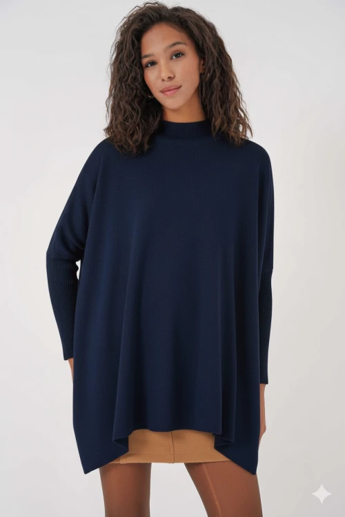 Kadın Lacivert Oversize Yırtmaçlı Panço Triko Kazak Hzl23w-bd1100761