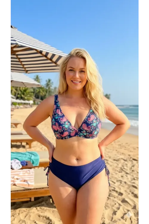 Kadın Lacivert Pembe Paisley Desenli  Astarlı Büyük Beden Bikini Takımı HZL26S-LC3341