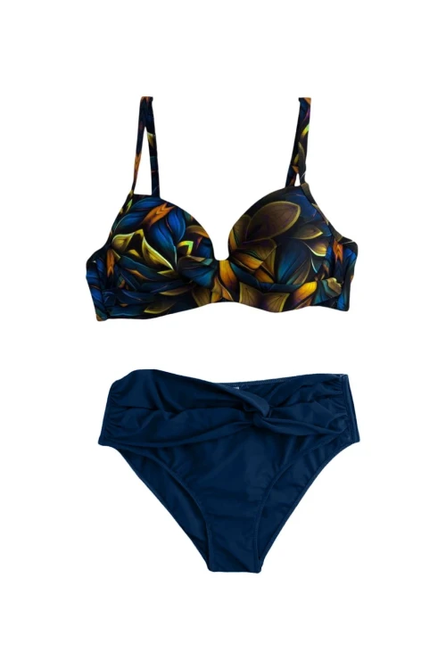 Kadın Lacivert Sarı Çiçek Desenli Astarlı Büyük Beden Bikini Takımı HZL25S-LC24108