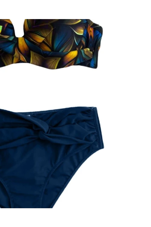 Kadın Lacivert Sarı Çiçek Desenli Astarlı Büyük Beden Bikini Takımı HZL25S-LC24108