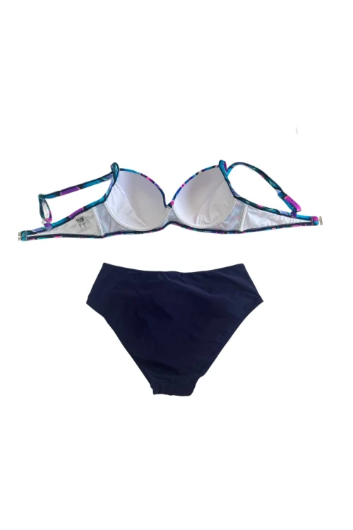Kadın Lacivert Sarı Çiçek Desenli Astarlı Büyük Beden Bikini Takımı HZL25S-LC24108