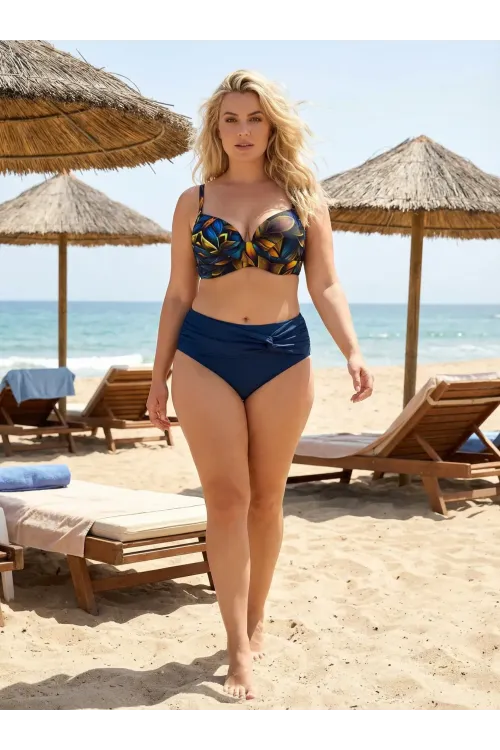 Kadın Lacivert Sarı Çiçek Desenli Astarlı Büyük Beden Bikini Takımı HZL25S-LC24108