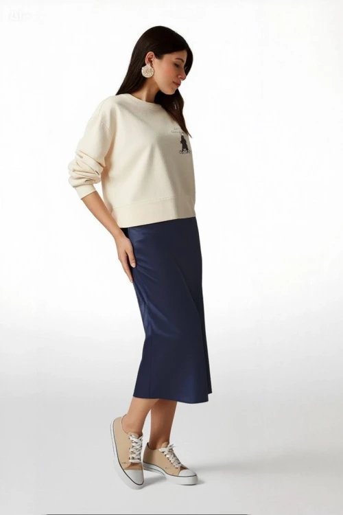 Kadın Lacivert Saten Yüzeyli Beli Lastikli Midi Boy Etek Hzl23s-bd1101471