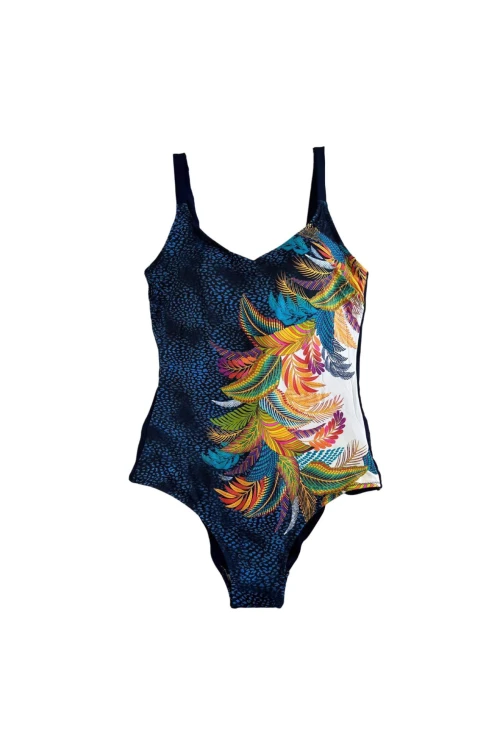 Kadın Lacivert Tropikal Yaprak Desen Yüzücü Mayo HZL25S-LC0046